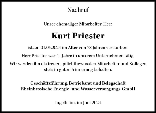Traueranzeige von Kurt Priester von Allgemeine Zeitung Bingen/Ingelheim