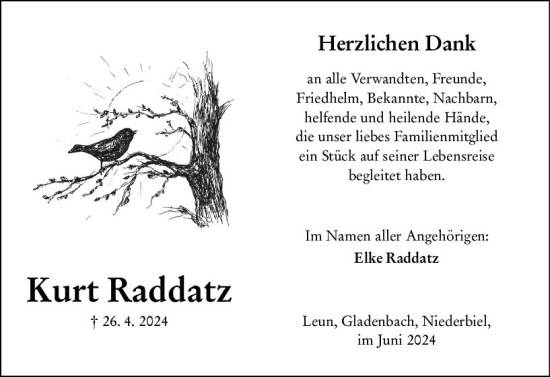 Traueranzeige von Kurt Raddatz von Wetzlarer Neue Zeitung