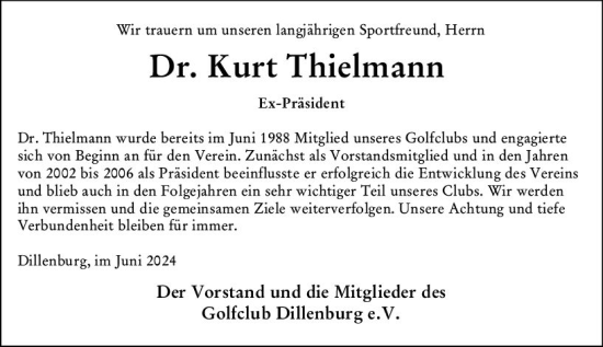 Traueranzeige von Kurt Thielmann von Dill Block