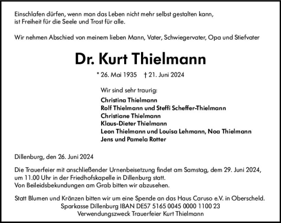 Traueranzeige von Kurt Thielmann von Dill Block