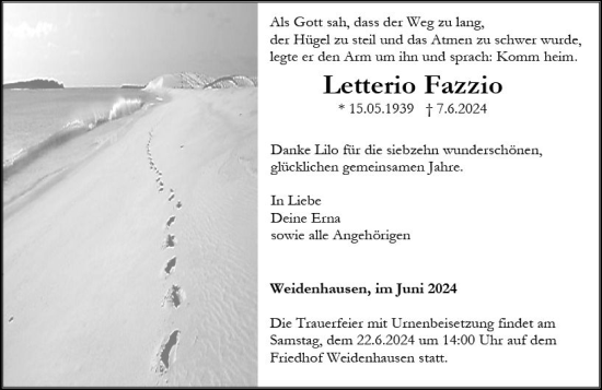 Traueranzeige von Letterio Fazzio von Hinterländer Anzeiger