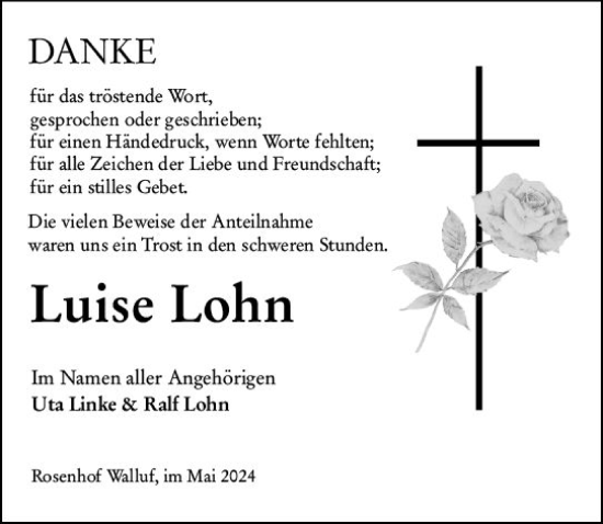 Traueranzeige von Luise Lohn von Rheingau Kurier