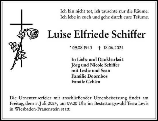Traueranzeige von Luise Elfriede Schiffer von Wiesbadener Kurier