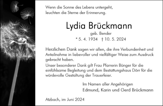 Traueranzeige von Lydia Brückmann von Wetzlarer Neue Zeitung