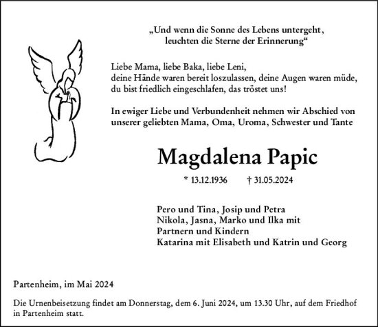 Traueranzeige von Magdalena Papic von Allgemeine Zeitung Alzey