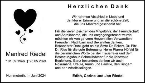Traueranzeige von Manfred Riedel von Odenwälder Echo
