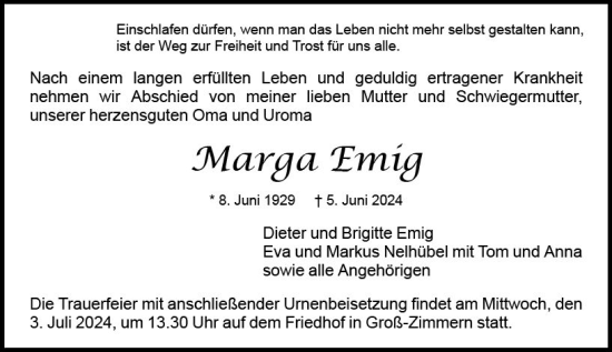 Traueranzeige von Marga Emig von Darmstädter Echo