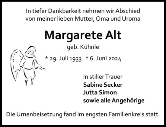 Traueranzeige von Margarete Alt von Allgemeine Zeitung Mainz