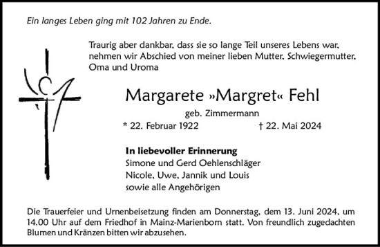 Traueranzeige von Margarete Fehl von Allgemeine Zeitung Mainz