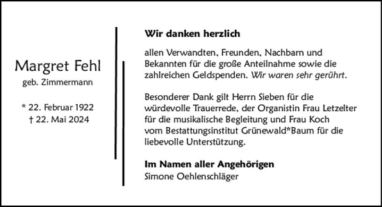 Traueranzeige von Margret Fehl von Allgemeine Zeitung Mainz