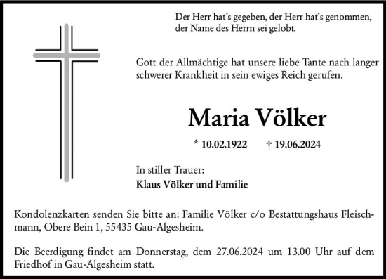 Traueranzeige von Maria Völker von Allgemeine Zeitung Bingen/Ingelheim