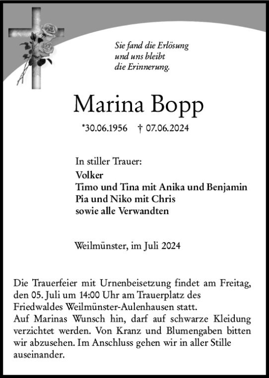 Traueranzeige von Marina Bopp von Weilburger Tageblatt