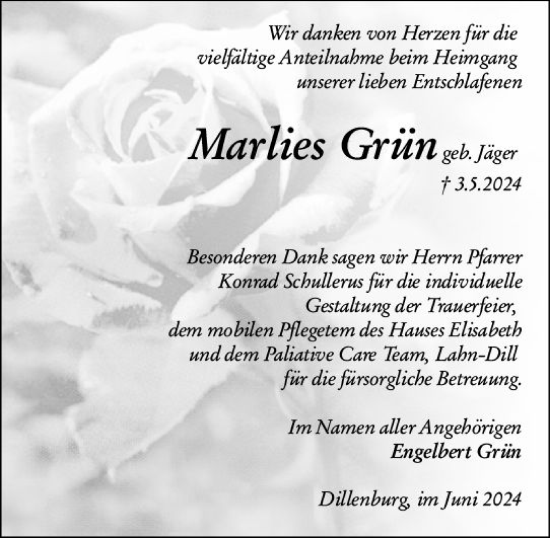 Traueranzeige von Marlies Grün von Dill Block