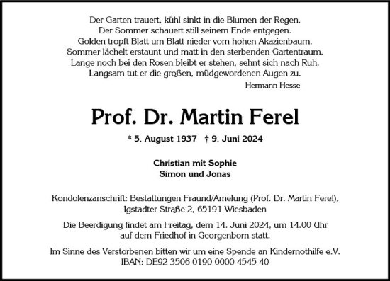 Traueranzeige von Martin Ferel von Wiesbadener Kurier