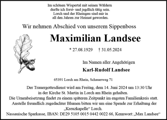 Traueranzeige von Maximilian Landsee von Rheingau Kurier