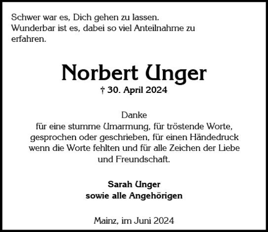Traueranzeige von Norbert Unger von Wiesbadener Kurier