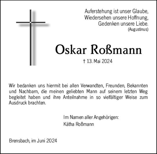 Traueranzeige von Oskar Roßmann von Odenwälder Echo