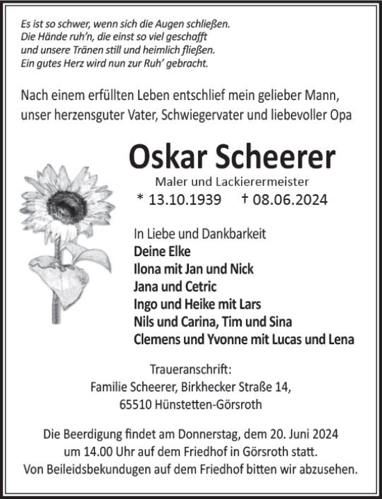 Traueranzeige von Oskar Scheerer von Idsteiner Land/Untertaunus