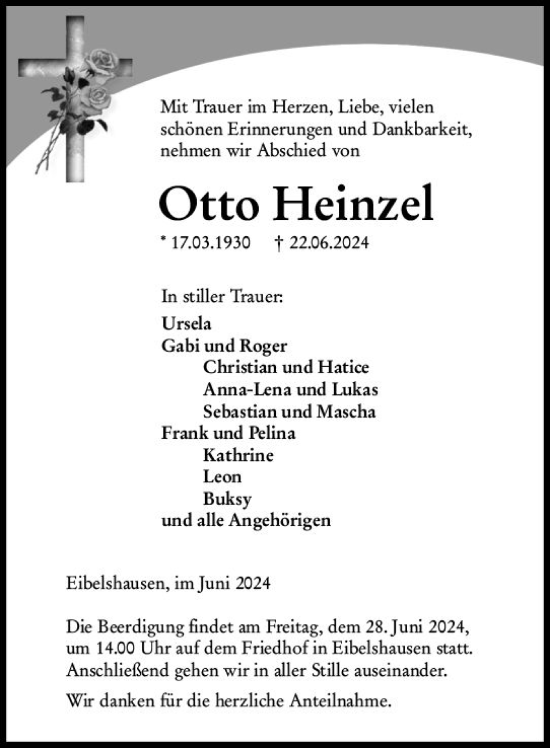 Traueranzeige von Otto Heinzel von Dill Block