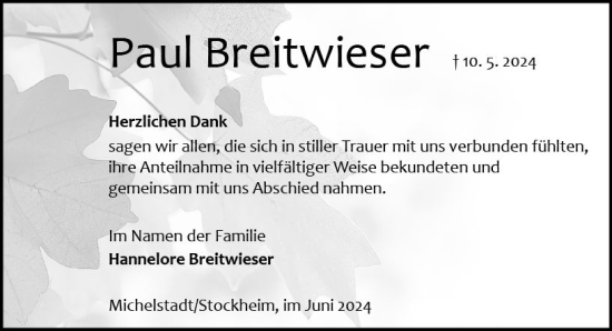 Traueranzeige von Paul Breitwieser von Odenwälder Echo