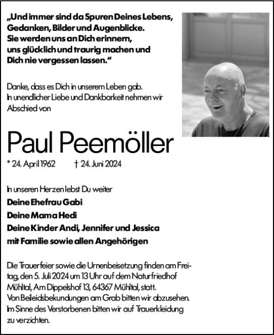 Traueranzeige von Paul Peemöller von Darmstädter Echo