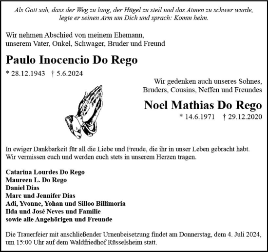 Traueranzeige von Paulo Inocencio Do Rego von Rüsselsheimer Echo
