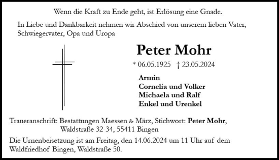 Traueranzeige von Peter Mohr von Allgemeine Zeitung Bingen/Ingelheim
