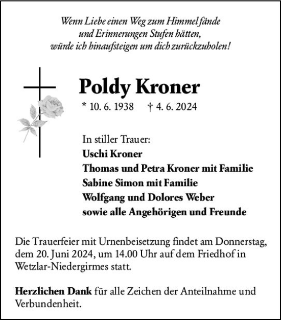 Traueranzeige von Poldy Kroner von Wetzlarer Neue Zeitung