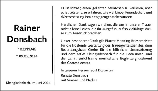 Traueranzeige von Rainer Donsbach von Hinterländer Anzeiger