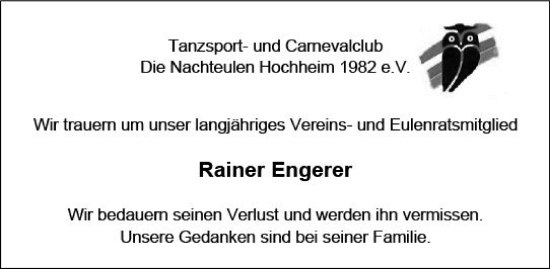 Traueranzeige von Rainer Engerer von Hochheimer Zeitung