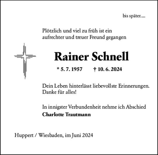 Traueranzeige von Rainer Schnell von Wiesbadener Kurier
