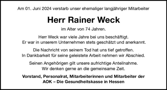 Traueranzeige von Rainer Weck von Nassauische Neue Presse