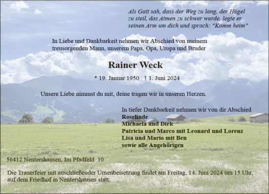 Traueranzeige von Rainer Weck von Nassauische Neue Presse