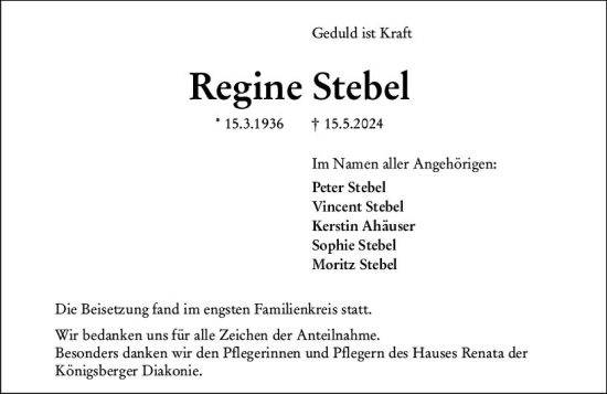 Traueranzeige von Regine Stebel von Wetzlarer Neue Zeitung