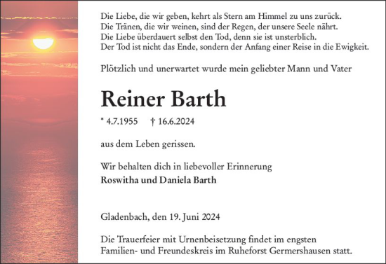 Traueranzeige von Reiner Barth von Hinterländer Anzeiger