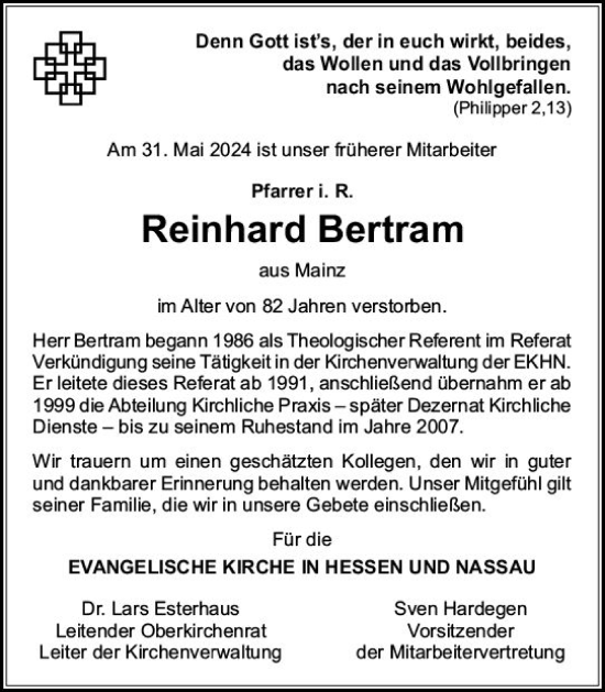 Traueranzeige von Reinhard Bertram von Allgemeine Zeitung Mainz