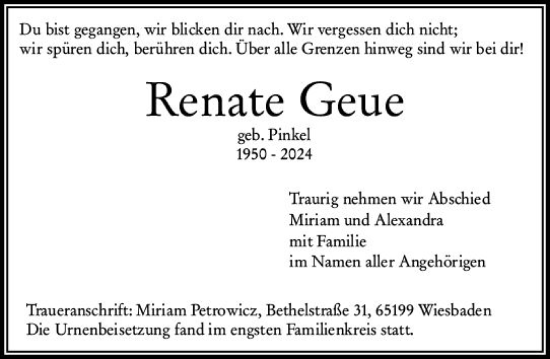 Traueranzeige von Renate Geue von Wiesbadener Kurier