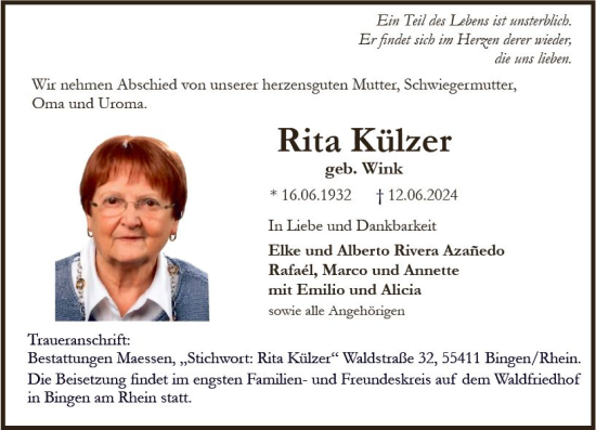 Traueranzeige von Rita Külzer von Allgemeine Zeitung Bingen/Ingelheim