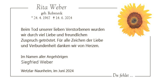 Traueranzeige von Rita Weber von Wetzlarer Neue Zeitung