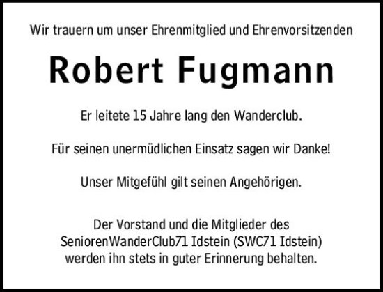 Traueranzeige von Robert Fugmann von Idsteiner Land/Untertaunus