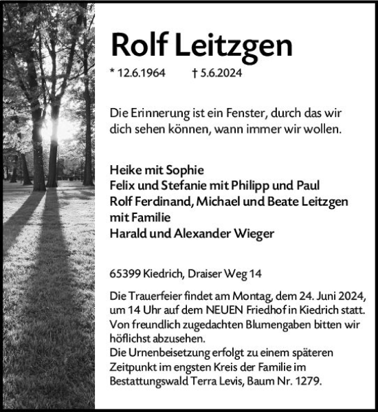 Traueranzeige von Rolf Leitzgen von Rheingau Kurier