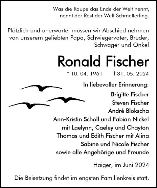 Traueranzeige von Ronald Fischer von Dill Block