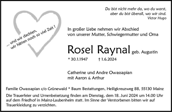 Traueranzeige von Rosel Raynal von Allgemeine Zeitung Mainz