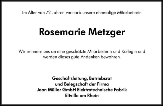 Traueranzeige von Rosemarie Metzger von Rheingau Kurier