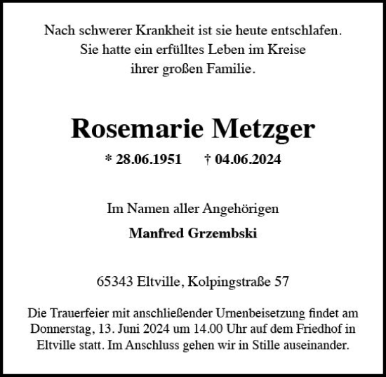 Traueranzeige von Rosemarie Metzger von Rheingau Kurier