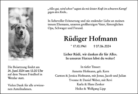 Traueranzeige von Rüdiger Hofmann von Wetzlarer Neue Zeitung
