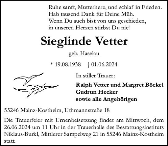 Traueranzeige von Sieglinde Vetter von Allgemeine Zeitung Mainz