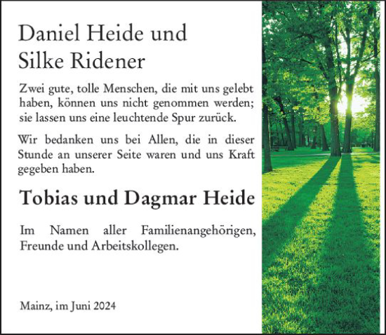 Traueranzeige von Silke Ridener von Allgemeine Zeitung Mainz