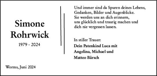 Traueranzeige von Simone Rohrwick von Wormser Zeitung