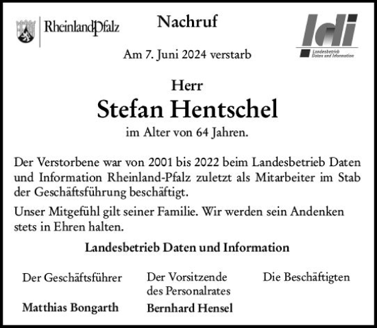 Traueranzeige von Stefan Hentschel von Wiesbadener Kurier